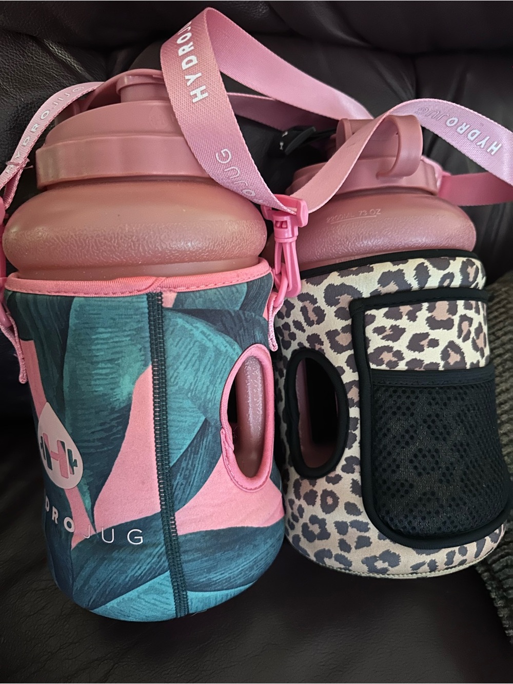 HydroJug Pink with Tropical Teal and animal print. There is only one straw.